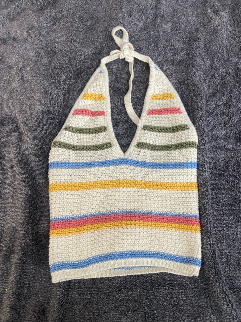 Zara Cream Crocheted Halter Top with Blue, Yellow, Green, Pink Stripes S